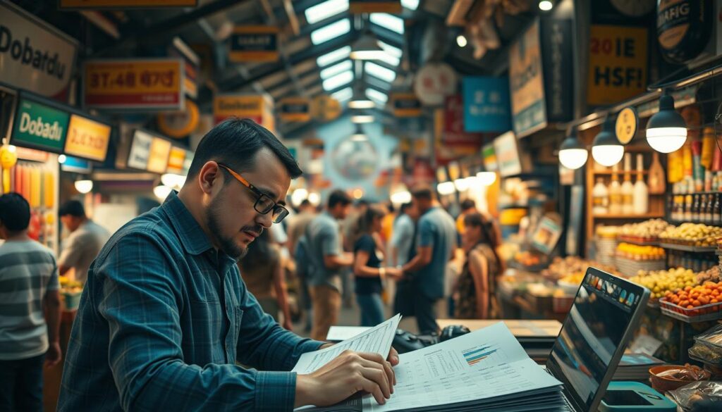 A bustling marketplace, illuminated by warm, natural lighting. In the foreground, a team from Dobadu Technologies meticulously analyzes customer data, studying buying patterns and demographic insights. In the middle ground, merchants and shoppers engage in lively transactions, their expressions a tapestry of curiosity and determination. The background is a rich, textured landscape of stalls, signage, and the gentle hum of activity, creating an atmosphere of vibrant, data-driven commerce.