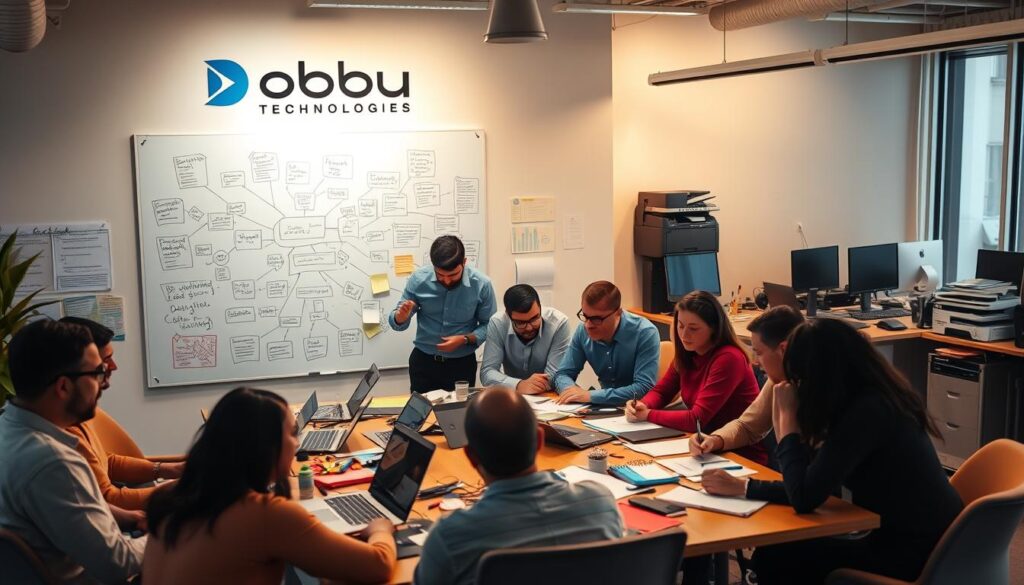 A bustling office scene with the Dobadu Technologies logo prominently displayed on the wall. In the foreground, a team of content creators, writers, and designers gathered around a large table, deep in discussion. Laptops, notebooks, and a variety of creative tools are scattered across the surface, reflecting the collaborative nature of the content creation process. The middle ground features a large whiteboard filled with mind maps, brainstorming notes, and ideas. In the background, a row of editing workstations and a printer setup, symbolizing the final stages of the content creation workflow. Warm, professional lighting illuminates the scene, creating a productive and inspiring atmosphere.