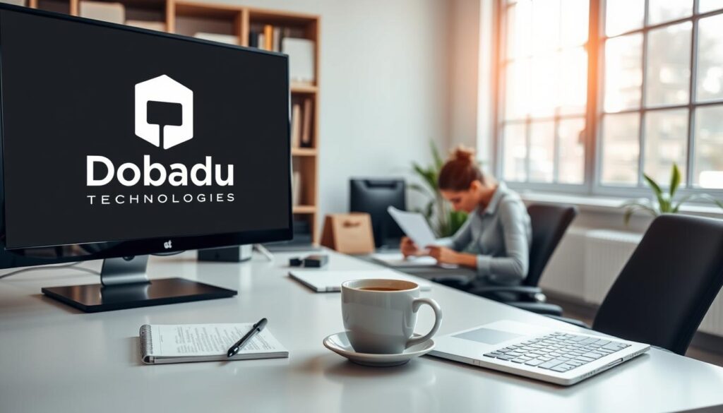 A clean, well-lit office space with a modern desk arrangement, featuring a laptop, notepad, and a cup of coffee. In the foreground, a Dobadu Technologies logo prominently displayed on a monitor. The middle ground showcases a writer thoughtfully crafting an article, their hands poised over a keyboard. In the background, shelves of reference books and a large window let in natural light, creating a warm, productive atmosphere. The overall scene conveys professionalism, attention to detail, and expertise in article writing services.