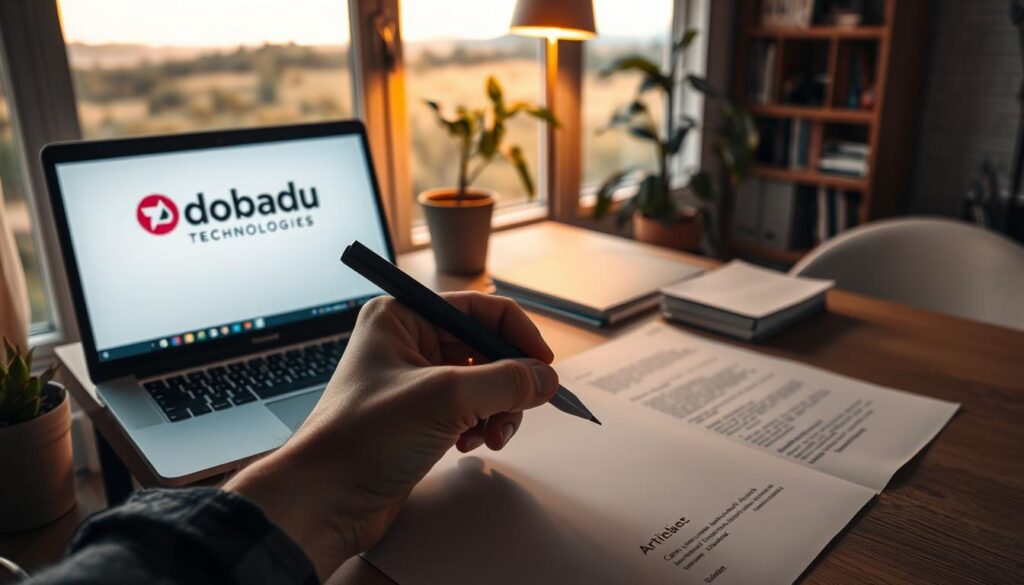 A cozy home office scene with a desk, an open laptop, and a stack of papers. The desk is illuminated by a warm, soft light, casting a mellow glow across the scene. In the foreground, a hand is holding a pen, ready to write. On the desk, the "Dobadu Technologies" brand logo is prominently displayed. The background features a bookshelf, a potted plant, and a large window overlooking a serene landscape, creating a peaceful and inspirational atmosphere for article writing.
