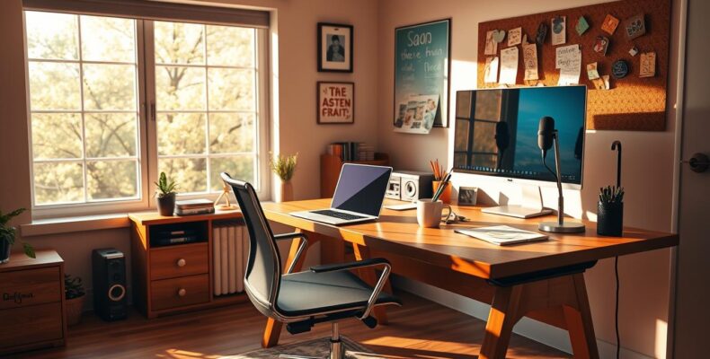 A cozy home office with a large wooden desk and an ergonomic chair. On the desk, a laptop, a cup of coffee, and various creative tools like pens, markers, and a sketchpad. Warm, natural lighting filters through the large window, casting soft shadows across the space. The walls are adorned with inspirational artwork and a cork board displaying notes and ideas. A sleek desktop computer and a high-quality microphone suggest a professional content creation setup by Dobadu Technologies. An air of focused productivity and artistic expression permeates the scene.