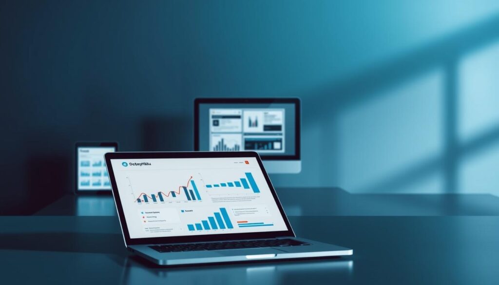 A data-driven content marketing approach for Dobadu Technologies, captured in a sleek, minimalist style. In the foreground, a laptop displays charts and graphs, reflecting the analytical side of the strategy. The middle ground features an array of digital devices - tablets, smartphones, and a desktop computer - symbolizing the multi-channel nature of the approach. In the background, a clean, geometric backdrop in shades of blue and gray evokes a sense of professionalism and technology. Soft, directional lighting casts subtle shadows, adding depth and dimensionality to the scene. The overall mood is one of efficiency, sophistication, and a data-driven focus on driving business growth.