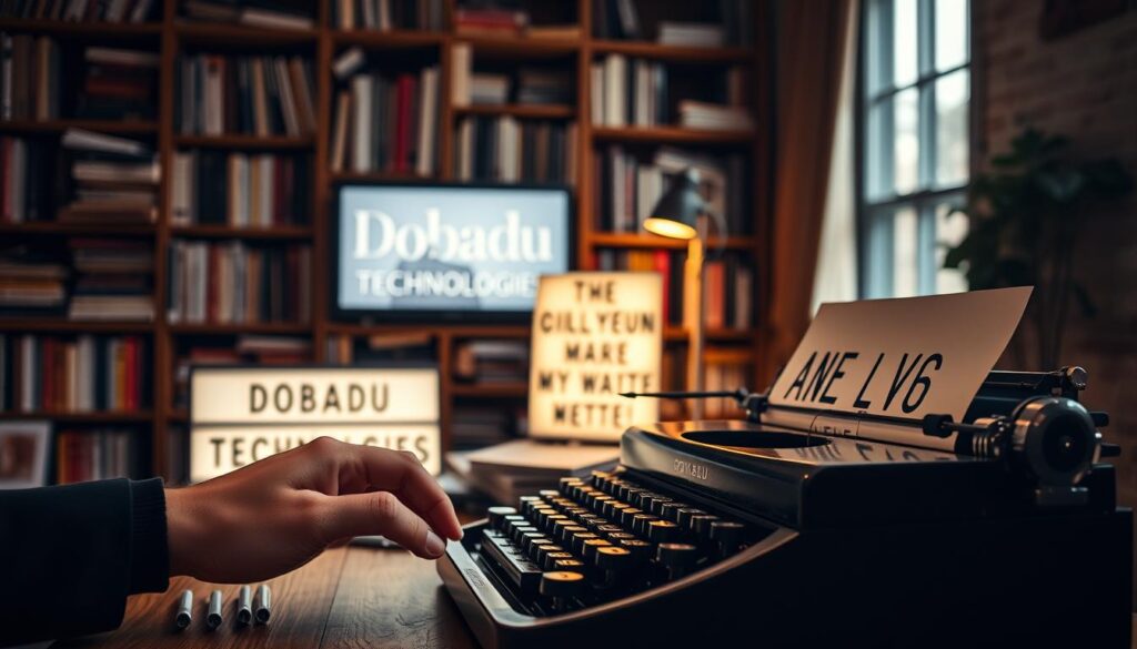 A focused composition showcasing the "Copywriting Strategy" of Dobadu Technologies. In the foreground, a skilled copywriter crafts compelling marketing messages on a vintage typewriter, their fingers dancing across the keys. The middle ground features a lightbox displaying the Dobadu Technologies brand, casting a warm glow. In the background, a bookshelf brimming with reference materials and inspiration creates an intellectual, yet creative atmosphere. Warm, muted lighting from a large window casts a contemplative mood, while a shallow depth of field emphasizes the copywriter's artful process. The overall scene conveys the power of professional copywriting to elevate a brand's voice and messaging.