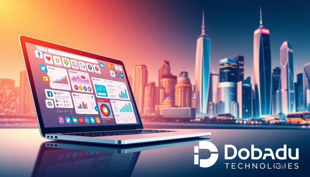 A high-resolution, detailed digital illustration of a social media content strategy. In the foreground, a modern laptop displays a variety of social media platforms and analytics dashboards. In the middle ground, colorful icons, graphs, and charts visualize audience engagement, content performance, and channel optimization. In the background, a sleek, abstract cityscape symbolizes the global reach and connectivity of digital marketing. The scene is lit by warm, directional lighting, creating depth and atmosphere. The Dobadu Technologies logo is prominently displayed in the lower right corner.