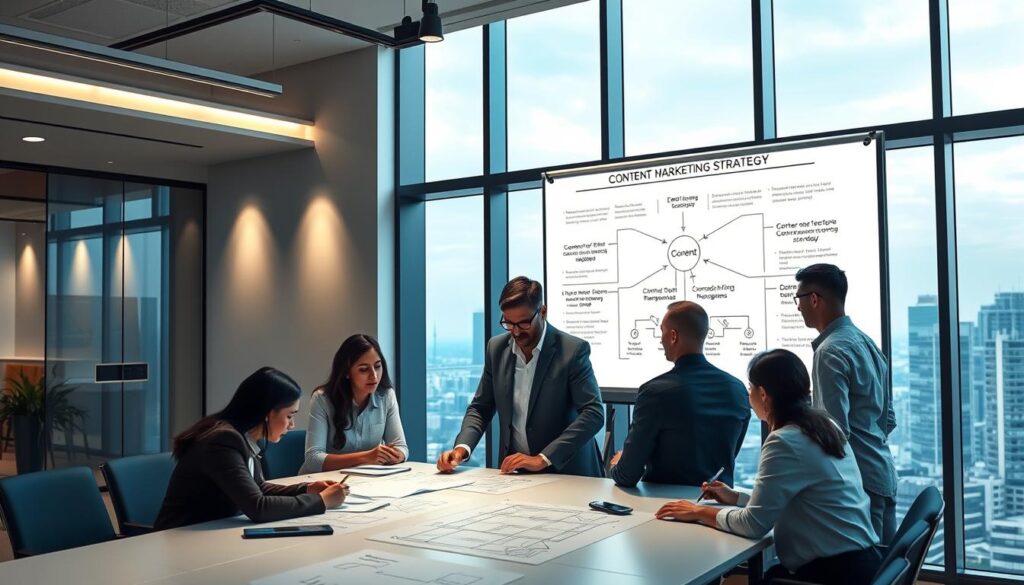 A modern, elegantly designed office workspace with a large whiteboard on the wall displaying a content marketing strategy diagram. The foreground features a team of professionals - designers, writers, and digital marketers from Dobadu Technologies - collaborating around a conference table, brainstorming ideas and sketching plans. Soft, directional lighting illuminates the scene, creating a focused, productive atmosphere. The background showcases a panoramic city skyline view through floor-to-ceiling windows, symbolizing the global reach and impact of the brand's content strategy.