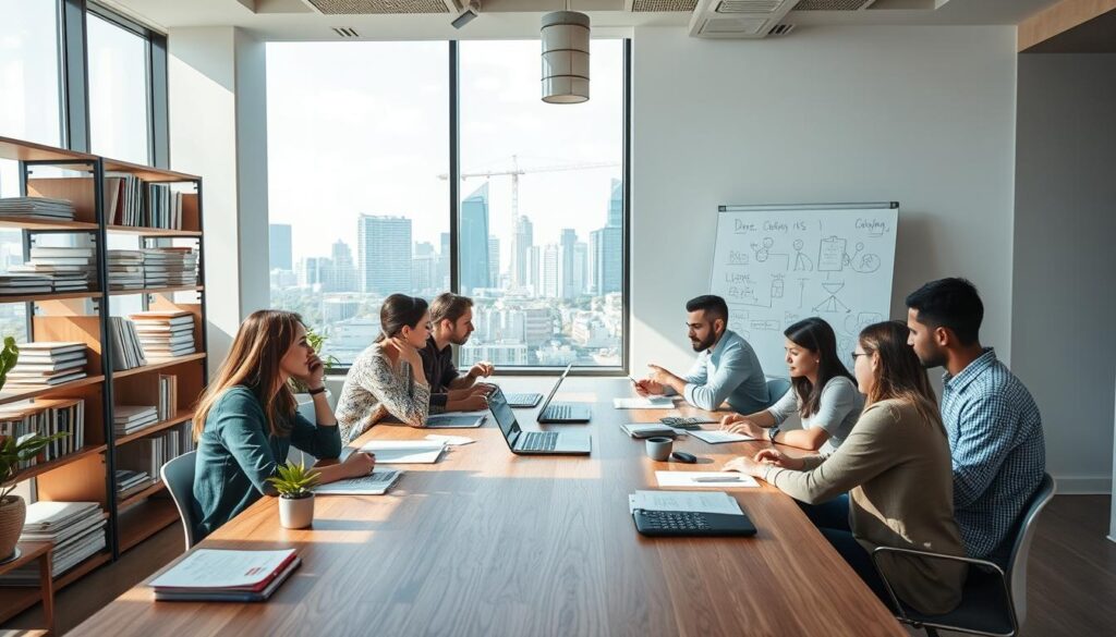 A modern, minimalist office space with natural lighting and a sleek, professional atmosphere. In the foreground, a team of creatives from the "Dobadu Technologies" copywriting agency collaborates at a long wooden table, their faces focused as they brainstorm ideas. Shelves of reference materials and a large whiteboard filled with sketches and notes suggest the creative process in action. In the background, a large window offers a view of a bustling city skyline, hinting at the agency's connection to the wider world of marketing and communications.