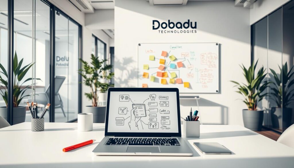 A modern office workspace with a clean, minimalist aesthetic. In the foreground, a laptop with a conceptual brainstorming sketch displayed on the screen, surrounded by a few carefully curated office supplies. In the middle ground, a whiteboard covered in colorful sticky notes and hand-drawn mind maps, hinting at the process of content ideation. The background features sleek, glass-walled conference rooms and potted plants, creating a calm, productive atmosphere. Bright, natural lighting floods the space, casting soft shadows. The Dobadu Technologies logo is prominently displayed on the wall.