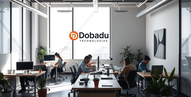 A modern, sleek office interior featuring the logo of "Dobadu Technologies" prominently displayed on the wall. Bright natural light streams in through large windows, illuminating a team of content writers collaborating at their desks. The space is filled with the hum of keyboards and the occasional murmur of discussion. Minimalist furniture, potted plants, and abstract artwork create a professional yet creative atmosphere, reflecting the company's commitment to elevating its clients' brand voices through exceptional content writing services.