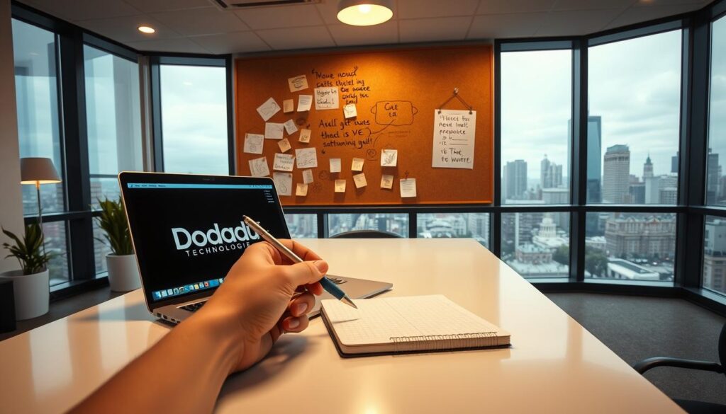 A modern, well-lit workspace with a Dobadu Technologies laptop and notebook on a sleek, minimalist desk. In the foreground, a hand holding a pen, ready to jot down ideas. In the background, a corkboard displays sketches, sticky notes, and inspirational quotes, conveying the creative process of blog writing. Overhead lighting casts a warm glow, and large windows provide a view of a bustling city skyline, suggesting a productive and energizing environment.