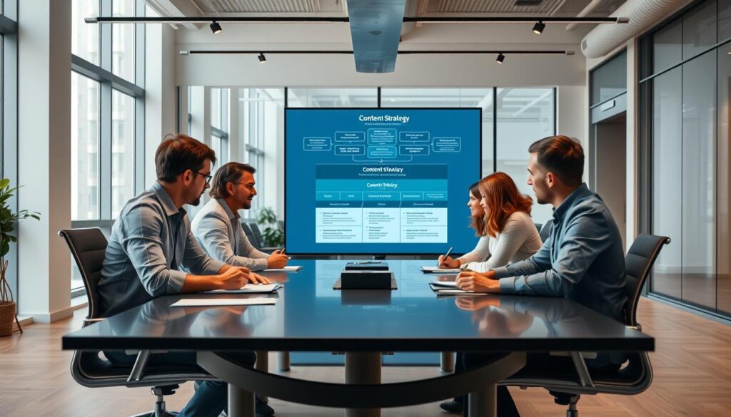 A professional and meticulously organized content strategy development meeting at the headquarters of Dobadu Technologies. The foreground features a group of focused individuals around a sleek conference table, discussing ideas and jotting down notes. The middle ground showcases a large digital presentation screen displaying a well-designed content strategy framework. The background depicts a modern, well-lit office space with floor-to-ceiling windows, providing a sense of openness and collaboration. The lighting is soft and even, creating a productive and creative atmosphere. The camera angle is slightly elevated, capturing the dynamic energy of the meeting.