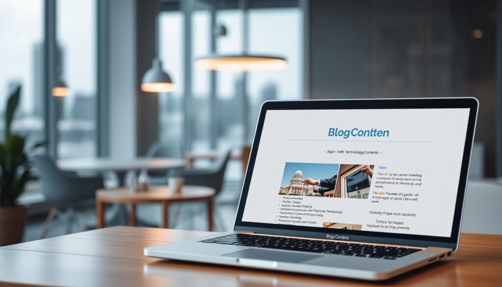 A professional blog content image with a sleek, modern aesthetic. In the foreground, a laptop displays a well-structured blog post, the Dobadu Technologies logo prominently featured in the header. The post's layout is clean and visually appealing, with high-quality images, bulleted lists, and engaging subheadings. In the middle ground, a stylish office setting with minimalist furniture and warm lighting creates a productive, focused atmosphere. The background features a blurred cityscape, hinting at the global reach and expertise of Dobadu Technologies. Overall, the image conveys the power and professionalism of the company's blog writing services.
