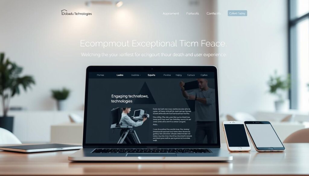 A professional website with a clean, minimalist design featuring the Dobadu Technologies brand. In the foreground, a laptop screen displays engaging, well-crafted content that captures the user's attention. The middle ground showcases various digital devices, including a tablet and smartphone, all seamlessly integrated into the website's interface. The background provides a subtle, yet sophisticated, office environment with modern furnishings and natural lighting, creating a sense of productivity and professionalism. The overall atmosphere is one of sophistication, attention to detail, and a commitment to delivering an exceptional user experience.
