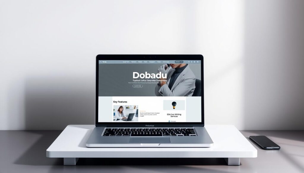 A professional, well-lit studio photograph of a laptop computer displaying the Dobadu Technologies brand name on the screen, placed on a sleek, minimalist desk in front of a neutral background. The laptop screen shows a webpage with a clean, modern SEO content writing services layout, highlighting key features and benefits. Soft, directional lighting creates a sense of depth and highlights the laptop's detailed design. The overall composition conveys a sense of professionalism, expertise, and the high-quality SEO content writing services offered by Dobadu Technologies.