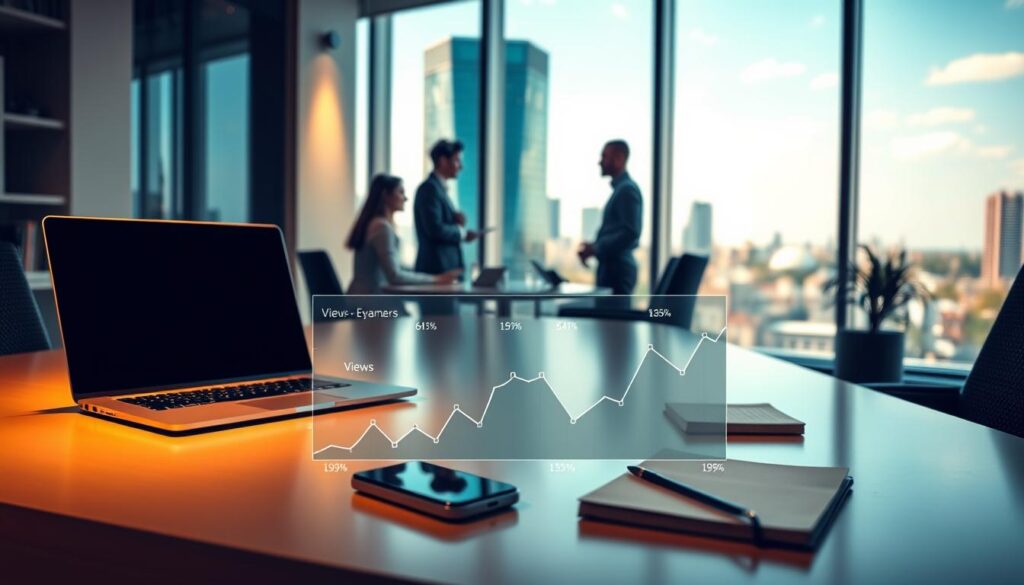 A serene and inviting office scene, with a sleek, modern desk showcasing a laptop, a smartphone, and a notebook. The foreground features a dynamic graph or chart illustrating blog content engagement metrics, such as views, shares, and comments. In the middle ground, a team of Dobadu Technologies employees collaborates, discussing insights and strategies to enhance audience engagement. The background depicts a large window overlooking a bustling cityscape, bathed in warm, natural lighting. The overall atmosphere conveys a sense of productivity, innovation, and a deep understanding of the importance of engaging blog content.