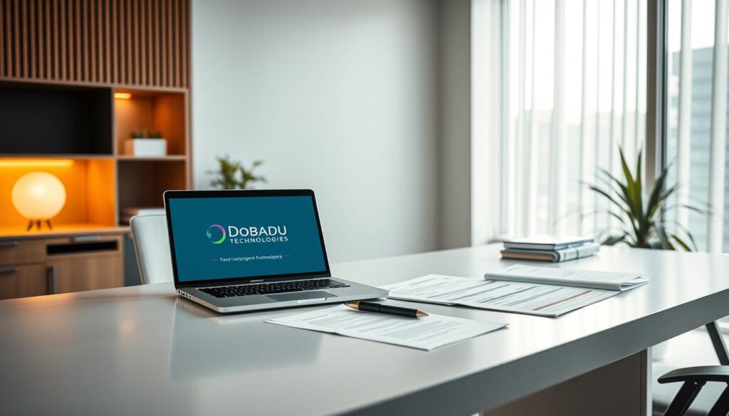 A serene modern office setting, with a large desk showcasing the Dobadu Technologies brand prominently. On the desk, a laptop, a pen, and neatly organized technical documents suggest the provision of professional writing services. The lighting is soft and warm, creating a welcoming atmosphere. In the background, minimalist decor and a large window provide a clean, calming environment. The overall composition conveys efficiency, attention to detail, and the expertise of Dobadu Technologies in delivering high-quality technical writing solutions.