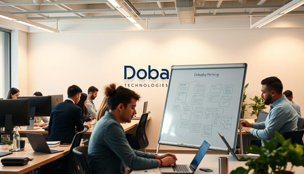 A sleek, modern office interior with a team of content marketing professionals collaborating at their desks. The lighting is warm and inviting, creating a productive and creative atmosphere. In the foreground, a group of colleagues are gathered around a large whiteboard, brainstorming ideas. In the middle ground, individual team members are typing away on their laptops, researching and crafting content strategies. The background features the Dobadu Technologies logo prominently displayed, showcasing the brand's expertise in content marketing. The overall scene conveys the value that a specialized content marketing firm can bring to a business, driving growth through strategic, data-driven content creation and distribution.