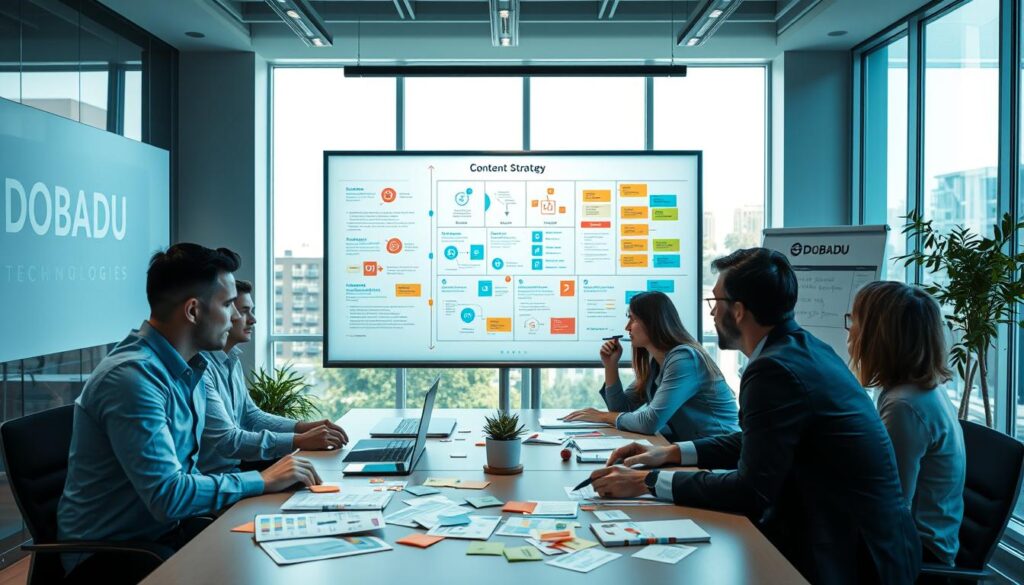 A sleek, modern office setting with Dobadu Technologies branding displayed prominently. The foreground features a team of professionals gathered around a table, engaged in an animated discussion, diagrams and sticky notes scattered across the surface. The middle ground showcases a large, interactive whiteboard displaying a detailed content strategy framework, with colorful icons and diagrams. The background exhibits floor-to-ceiling windows, allowing natural light to filter in and create a bright, airy atmosphere. The overall scene conveys a sense of collaborative ideation and strategic planning for an impactful content strategy.