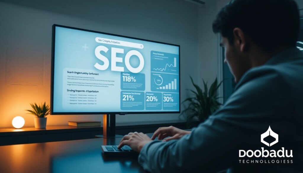 A sleek, modern office setting with a large monitor displaying dynamic SEO-focused content. In the foreground, a person's hands type intently on a keyboard, their face obscured. Subtle lighting casts a warm glow, and the Dobadu Technologies logo is tastefully displayed in the corner. Behind the desk, a wall-mounted display showcases search engine optimization metrics and performance data, reflecting the power of strategic digital marketing content. The atmosphere is one of focus, innovation, and the driving force of SEO in elevating an online presence.