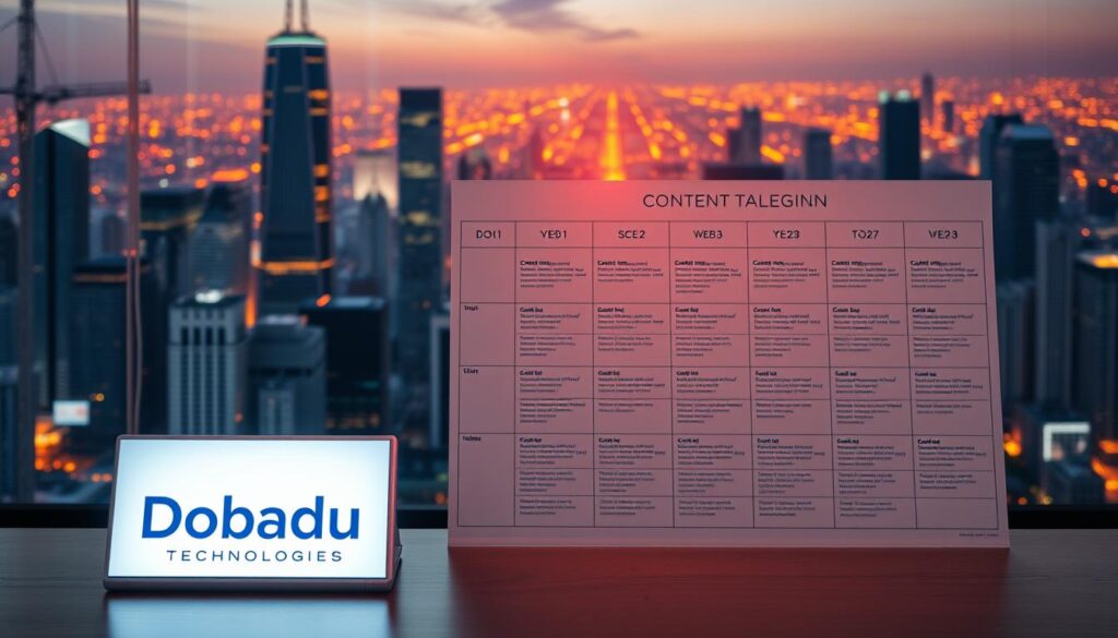 A striking content marketing strategy blueprint, presented against a backdrop of a contemporary digital landscape. In the foreground, the Dobadu Technologies brand logo stands prominently, conveying a sense of authority and expertise. The middle ground features a meticulously crafted content calendar, with well-defined content types, channels, and schedules, all illuminated by warm, directional lighting. In the background, a cityscape of towering skyscrapers and glowing screens suggests the expansive, interconnected nature of the digital world, underscoring the importance of a comprehensive, strategic approach to content marketing. The overall composition evokes a mood of innovation, precision, and the transformative power of strategic content.
