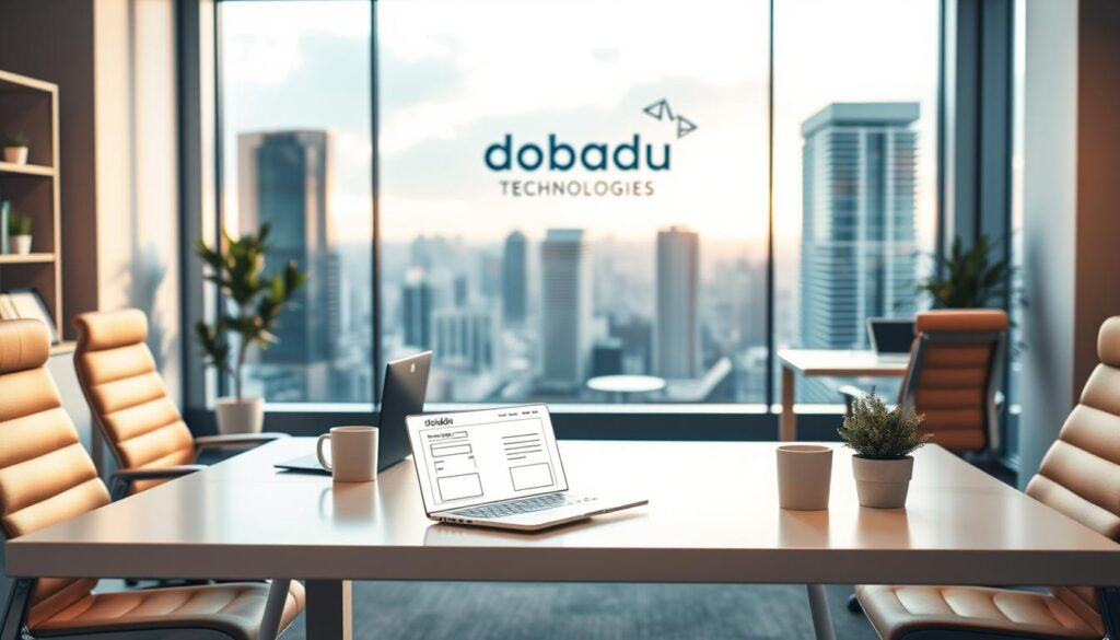 A stylish office setting with ergonomic furniture and modern decor. In the foreground, a sleek white desk with a laptop, a mug of coffee, and a potted plant. On the desk, a wireframe model of a website, representing the "content goals" for the design. In the middle ground, a large window overlooking a bustling cityscape, with the Dobadu Technologies logo displayed prominently on the glass. The lighting is soft and warm, creating a productive and inspirational atmosphere. The angle is slightly elevated, giving a birds-eye view of the scene, emphasizing the importance of "understanding your content goals" for creating an engaging user experience.