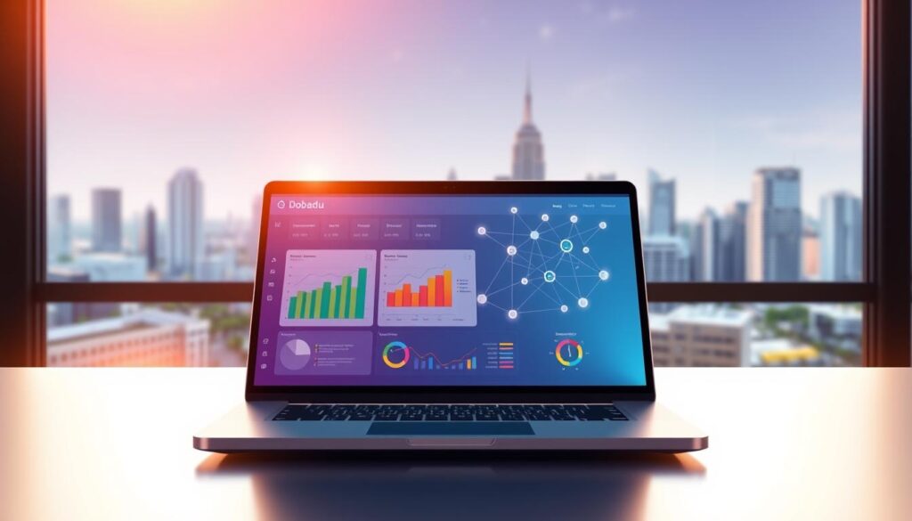 A stylized digital illustration depicting a content strategy concept for Dobadu Technologies. In the foreground, a sleek laptop displays a vibrant dashboard with charts, graphs, and analytics. The middle ground features a network of interconnected nodes, representing the flow of content and data. In the background, a city skyline with modern architecture serves as a backdrop, conveying a sense of a dynamic, tech-forward business environment. The lighting is warm and inviting, with a soft focus effect to draw the viewer's attention to the central elements. The overall composition suggests a comprehensive, data-driven approach to content strategy, aligned with the forward-thinking nature of Dobadu Technologies.