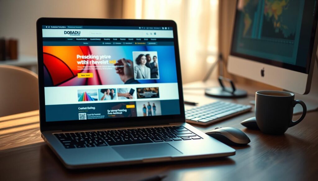 A vibrant and engaging website content, showcasing the power of Dobadu Technologies' expertise. In the foreground, a sleek laptop display presents a captivating web page, its design clean and modern, drawing the viewer's attention. The middle ground features a desktop workspace, with a stylish mouse, keyboard, and a cup of coffee, suggesting a productive and creative environment. The background is softly blurred, emphasizing the focus on the website content itself. The lighting is warm and natural, creating a inviting atmosphere. The overall scene conveys a sense of professionalism, creativity, and the ability to craft compelling online experiences.