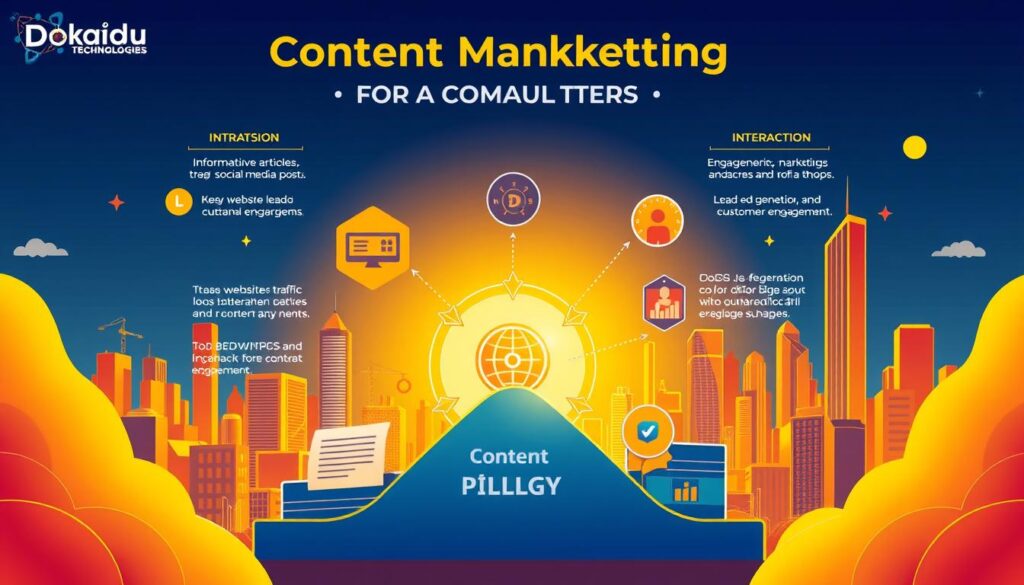 A vibrant, high-contrast digital illustration depicting a content marketing strategy for the Dobadu Technologies brand. In the foreground, a central graphic element representing the core content pillars - informative articles, engaging social media posts, and interactive webinars. The middle ground features icons and infographic elements conveying metrics like website traffic, lead generation, and customer engagement. In the background, a stylized city skyline with towering skyscrapers symbolizes the broad reach and global impact of the content marketing approach. The overall scene is illuminated by a warm, golden lighting that creates a sense of energy and optimism, reflecting the growth-driven nature of the Dobadu Technologies content strategy.