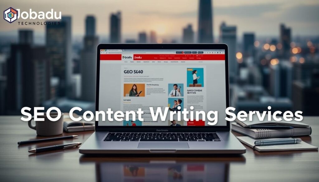 A visually striking and professionally designed image of "SEO Content Writing Services" from the brand "Dobadu Technologies". In the foreground, a laptop displaying a colorful and informative SEO-optimized web page, surrounded by a minimalist yet elegant layout with clean lines and a sophisticated color palette. In the middle ground, various content writing tools and materials such as a pen, notebook, and research materials, conveying the expertise and attention to detail required for effective SEO content creation. The background features a blurred cityscape, hinting at the global reach and impact of the services. Ambient lighting illuminates the scene, creating a sense of productivity and professionalism. The overall composition is balanced, visually appealing, and effectively communicates the high-quality SEO content writing services offered by Dobadu Technologies.