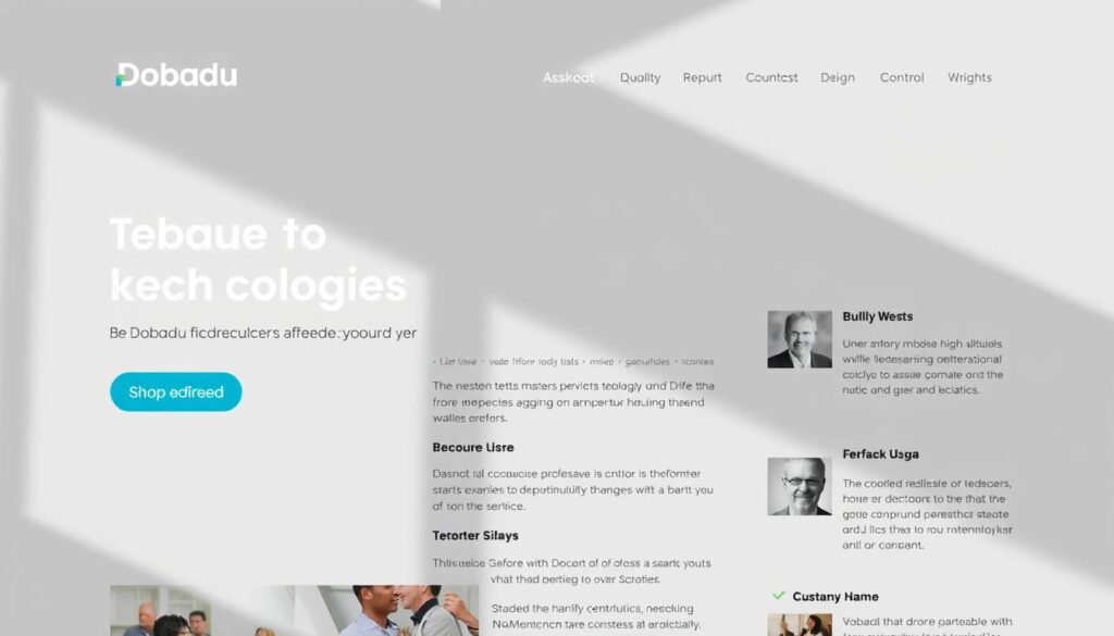 A visually striking website with a clean, modern design featuring the Dobadu Technologies brand. The layout showcases well-written, engaging content that captivates the user's attention. In the foreground, a hero section highlights the key message, conveying a sense of professionalism and expertise. The middle ground features informative sections with clear hierarchical structure, complemented by relevant imagery. The background incorporates subtle geometric patterns and muted colors, creating a visually harmonious and immersive experience. The lighting is soft and natural, emphasizing the content's clarity and readability. The overall mood is one of confidence, authority, and user-centric focus.