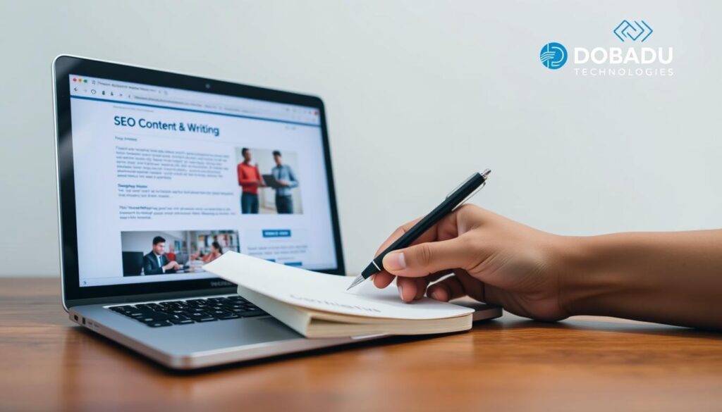A well-lit, high-resolution image of "SEO content writing" set against a clean, minimalist background. In the foreground, a laptop screen displaying a web page with optimized text and visuals, symbolizing the power of strategic content creation. In the middle ground, a hand holding a pen hovering over a notebook, representing the thoughtful, analytical process behind crafting effective SEO-driven content. In the background, a subtle Dobadu Technologies logo, indicating the brand's expertise in providing premium SEO content writing services. The overall scene conveys a professional, digital marketing-focused atmosphere with a sense of focus, productivity, and the transformative potential of SEO-optimized content.