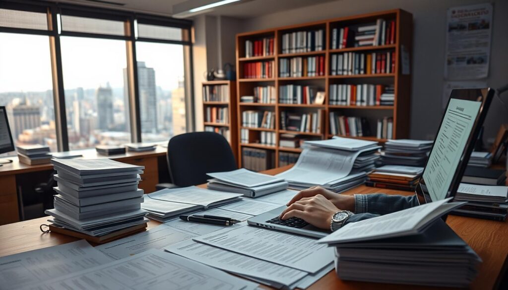 A well-lit office space with a large desk covered in technical documents, reference books, and a laptop. In the foreground, a pair of hands typing on the keyboard, the glow of the screen illuminating the focused expression on the technical writer's face. In the background, shelves filled with more technical resources and a window overlooking a bustling cityscape, hinting at the broader context of the Dobadu Technologies business. The atmosphere is one of diligent professionalism, with a sense of the writer's expertise and the importance of the work being done.