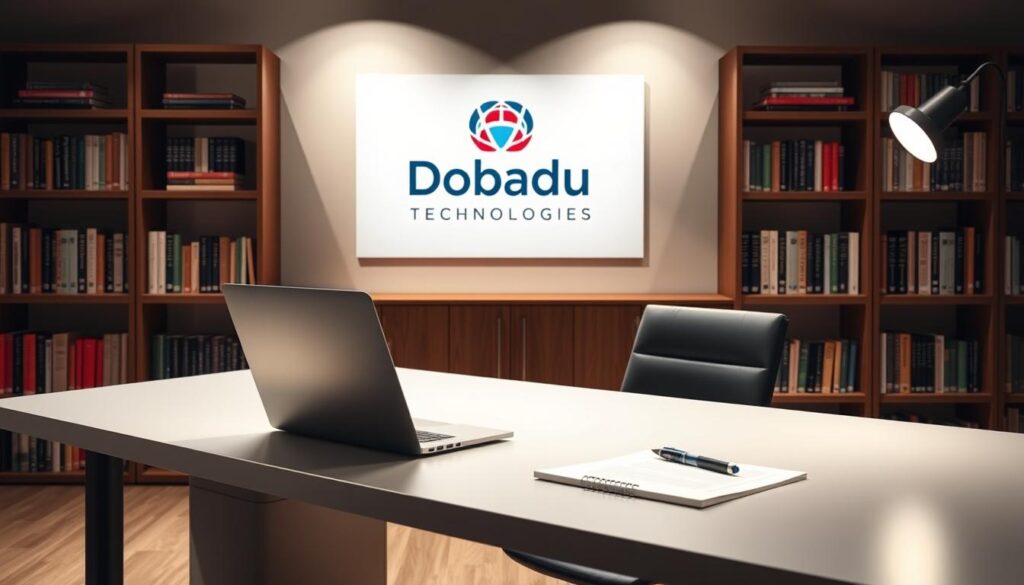 A well-lit, professional studio setting with a sleek, modern desk and chair. On the desk, an open laptop, a pen, and a notepad, all arranged neatly. In the background, shelves filled with books and a Dobadu Technologies logo prominently displayed. Soft, directional lighting illuminates the scene, casting subtle shadows and creating a warm, inviting atmosphere. The overall composition conveys a sense of focused, thoughtful content creation, reflecting the power of thought leadership and expertise.
