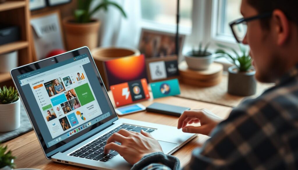 Create an image of a person working on a laptop with various content creation tools displayed on the screen.