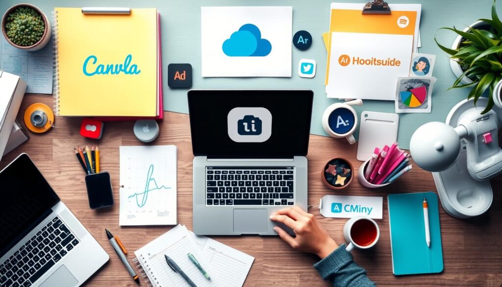 Create an image of a social media manager's workspace with various content creation tools like Canva, Adobe Creative Cloud, and Hootsuite.