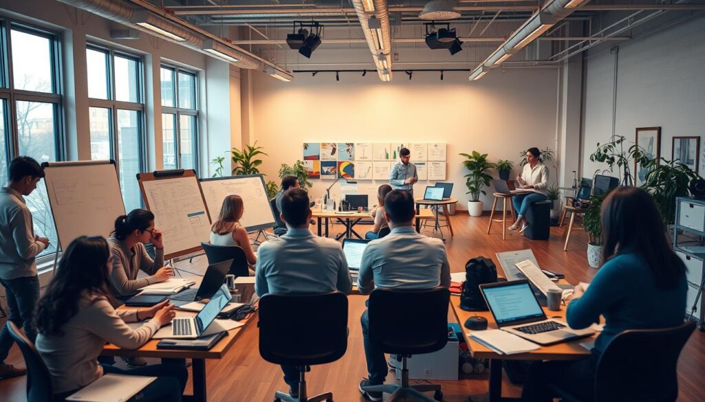 Detailed process of content creation at Dobadu Technologies. A spacious, airy studio with large windows and natural light. In the foreground, a team of talented writers brainstorming ideas, surrounded by whiteboards, laptops, and reference materials. In the middle ground, a group of editors and designers collaborating on the layout and visuals. In the background, a content strategist reviewing analytics and planning the next campaign. Warm, focused atmosphere with a sense of creative flow and productivity.