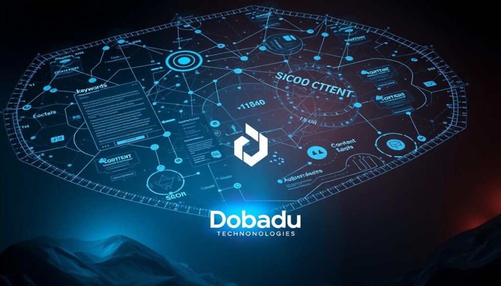 Dramatic overhead view of a holographic data visualization depicting an SEO content strategy, with dynamic data points and interconnected nodes representing the complex relationships between keywords, content, and user engagement. In the foreground, a sleek 3D illustration of the Dobadu Technologies logo hovers, casting a subtle glow. The background is a moody, futuristic landscape with subtle lighting and an air of mystery, conveying the depth and sophistication of the SEO content strategy.