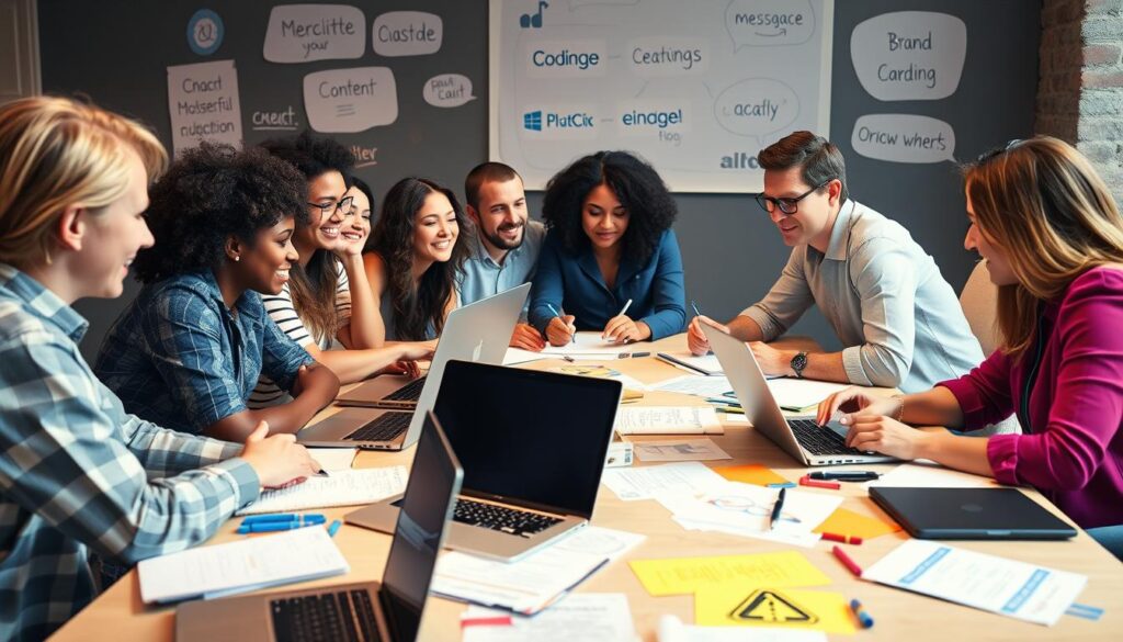 Generate an image of a creative team brainstorming around a table with laptops and notebooks, surrounded by brand messaging and content marketing ideas.