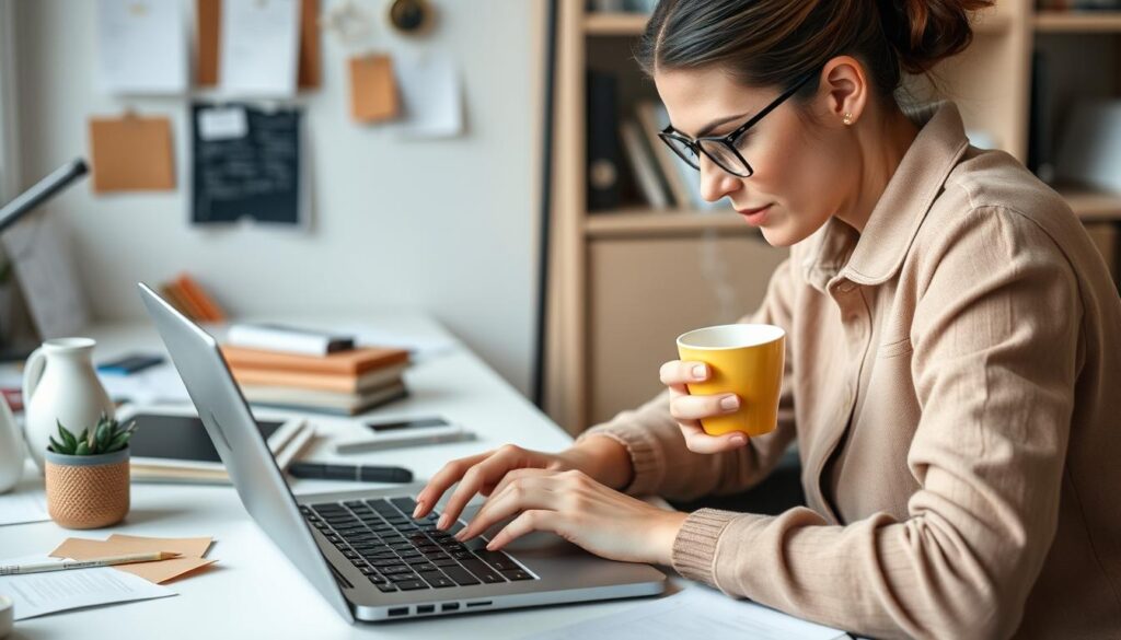Generate an image of a professional blog writer working on a laptop with a cup of coffee, surrounded by notes and a calm, creative workspace.