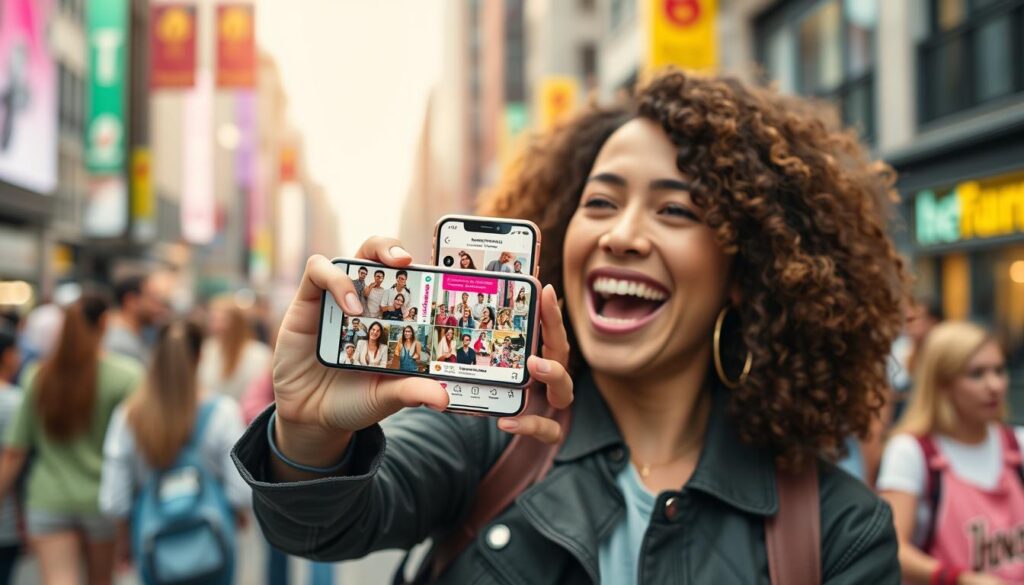 Generate an image of a social media influencer holding a smartphone with a user-generated content campaign on the screen.