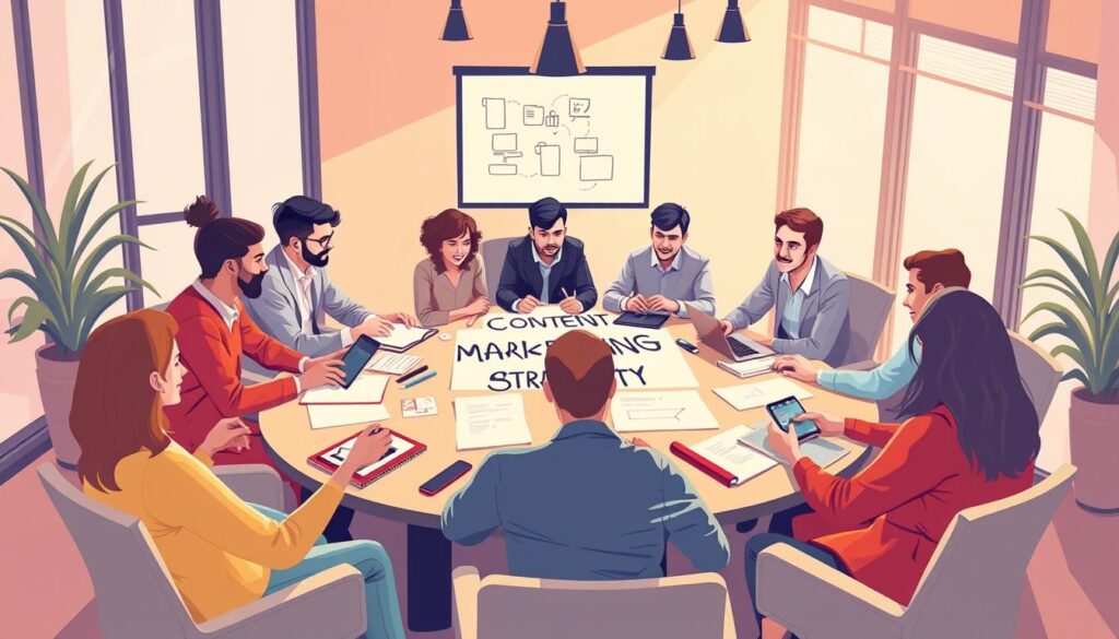 Generate an image of a team brainstorming content marketing strategies around a conference table.