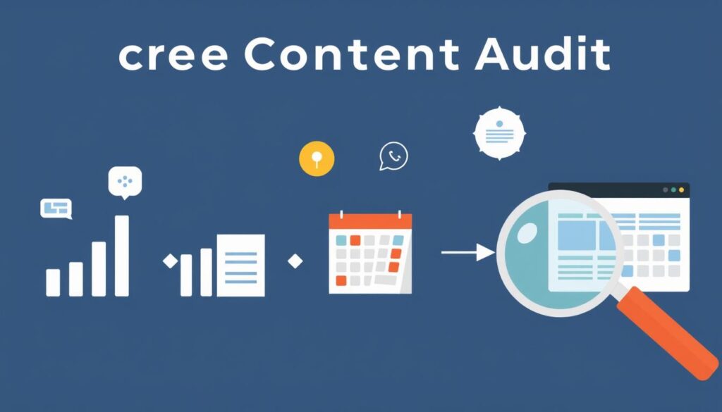 Generate an image representing a content audit process, including elements like analytics graphs, content calendar, and a magnifying glass.