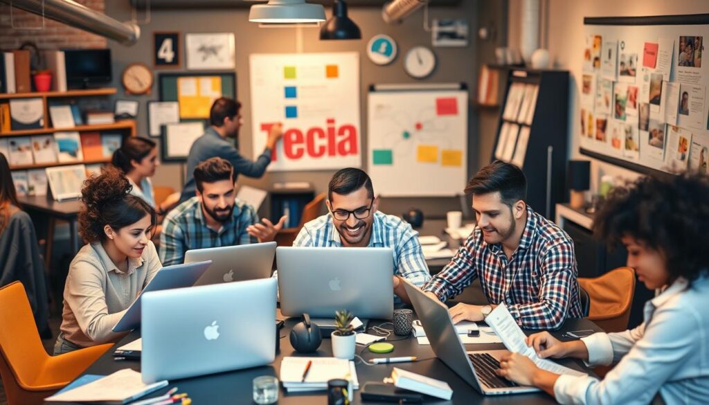 Generate an image representing a copywriting agency in action, with writers working on content for various marketing channels.