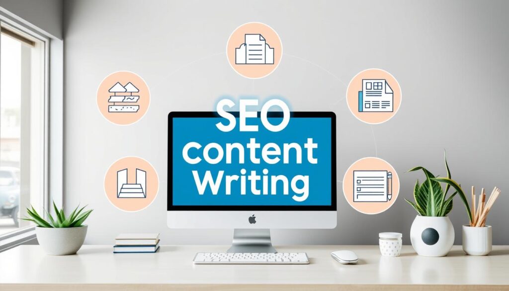 Generate an image representing comprehensive SEO content writing services