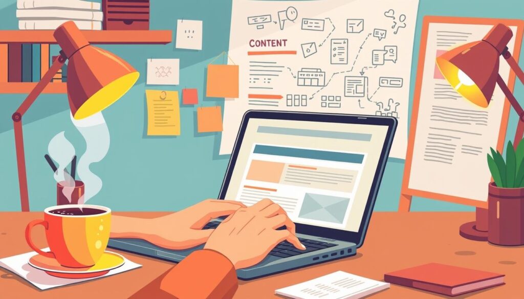 Generate an image representing effective website content creation, incorporating elements like a person typing on a laptop, a cup of coffee, and notes or a whiteboard with content strategy ideas.