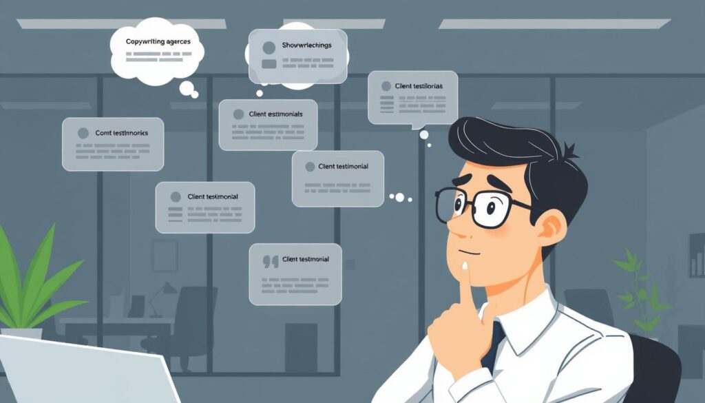 Image of a business professional evaluating different copywriting agencies
