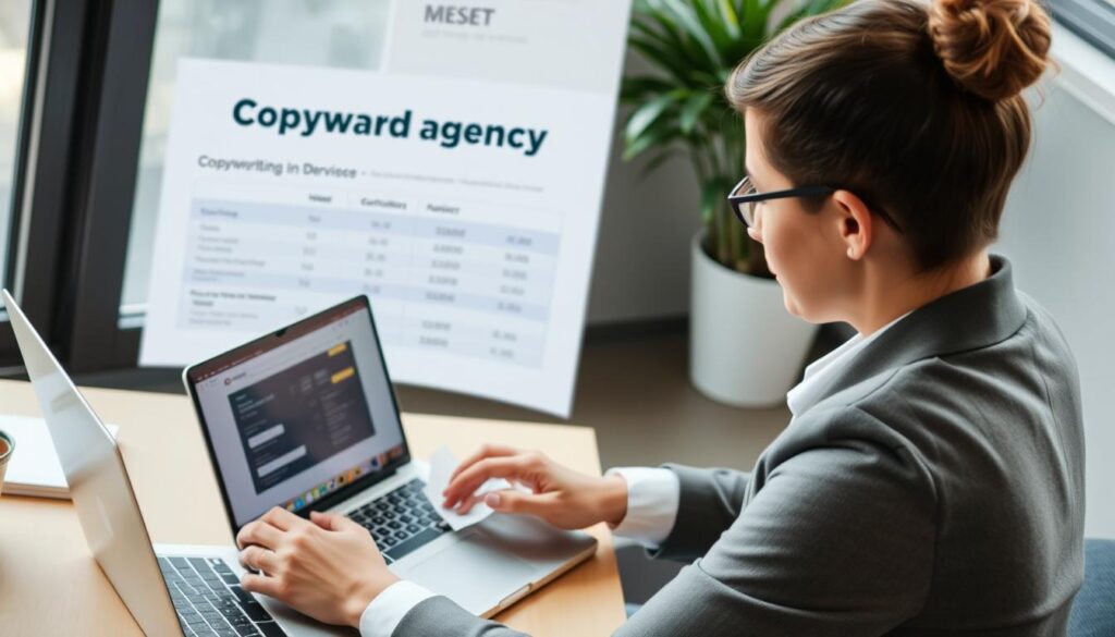 Image of a businessperson reviewing copywriting agency pricing on a laptop