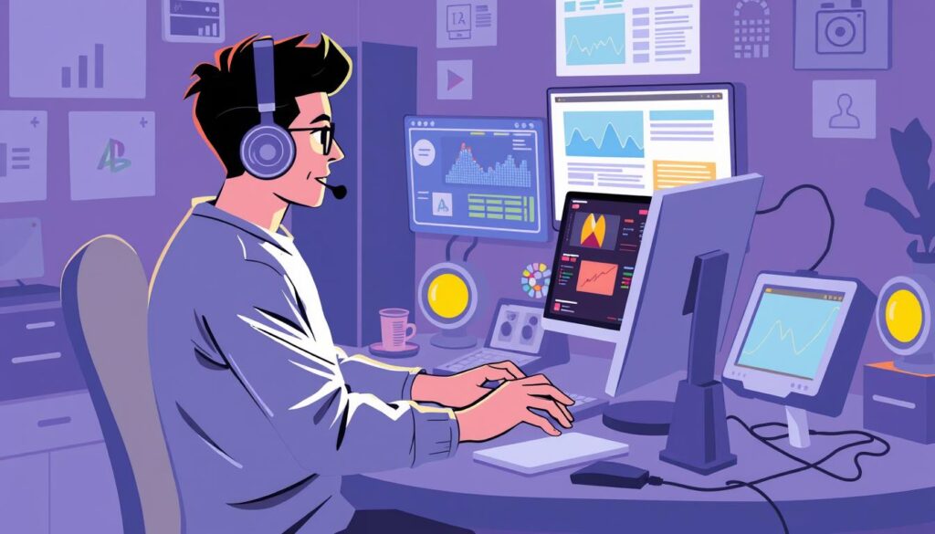 Image of a content creator using various tools on their computer