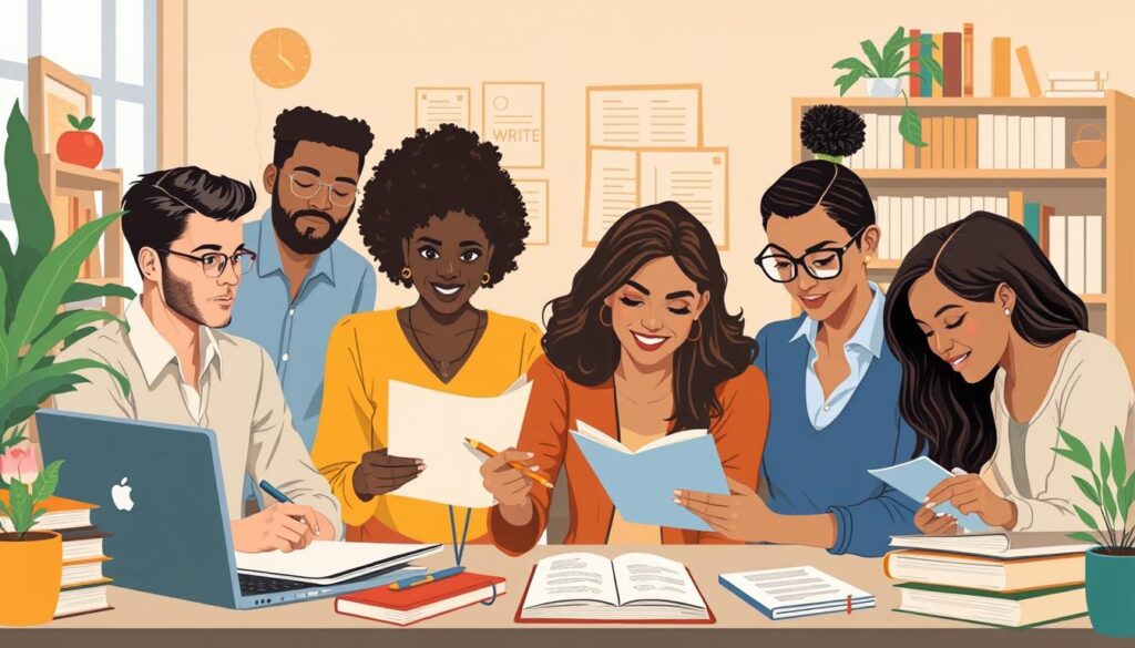 Image of a diverse team of professional writers working together