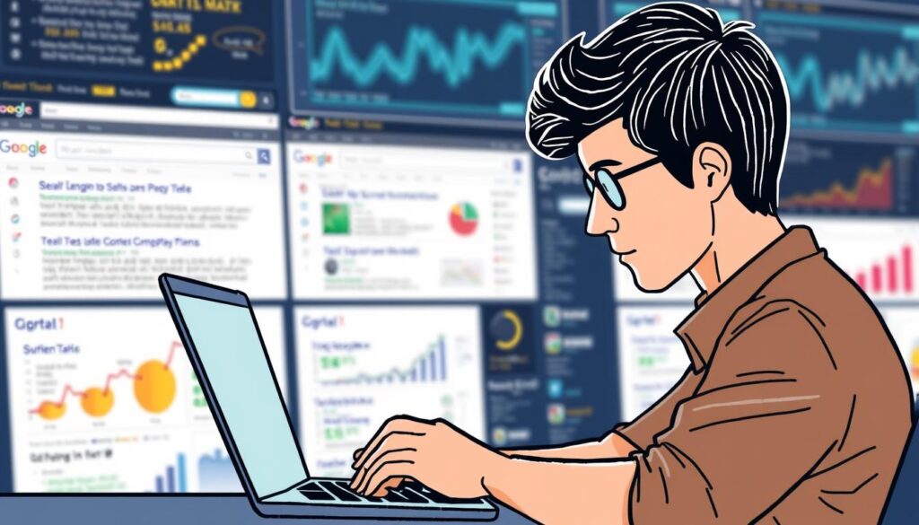 Image of a person typing on a laptop with a subtle background of search engine results pages (SERPs) and content analytics.