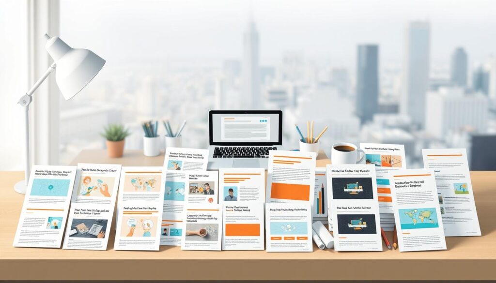 Prompt A collection of blog post illustrations, arranged in a visually engaging layout, showcasing the expertise of Dobadu Technologies. The foreground features a variety of blog post thumbnails with distinct layouts, colors, and content themes, hinting at the diversity of topics covered. The middle ground displays a clean, minimalist desk setup with a laptop, stationery, and a cup of coffee, creating a cozy, productive atmosphere. The background incorporates a soft, blurred cityscape, suggesting the global reach and online presence of the Dobadu Technologies blog. The overall composition conveys a sense of professionalism, creativity, and the company's ability to deliver high-quality blog writing services.